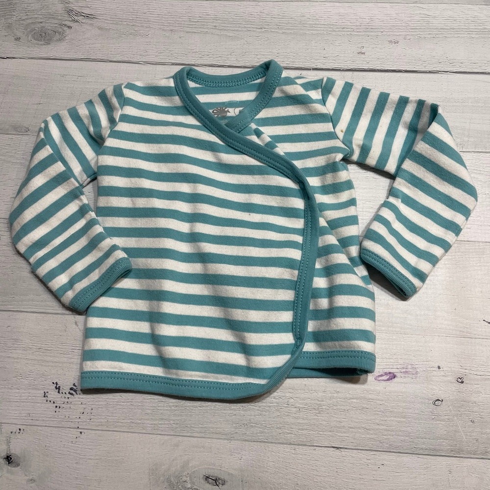 Primary baby kimono long sleeve top lagoon blue and white stripe 6/9 months
